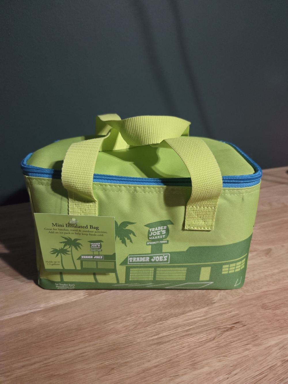 Trader Joe's Mini Insulated Tote Bag Lime Green Teal Blue 1.5 NWT